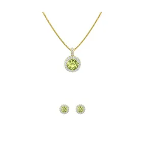 18K Yellow Gold 4ct Halo Peridot Round 18 Inch Necklace and Halo Earrings Set Plated