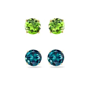 18k Yellow Gold Plated 1/2Ct Created Peridot and Alexandrite 2 Pair Round Stud Earrings