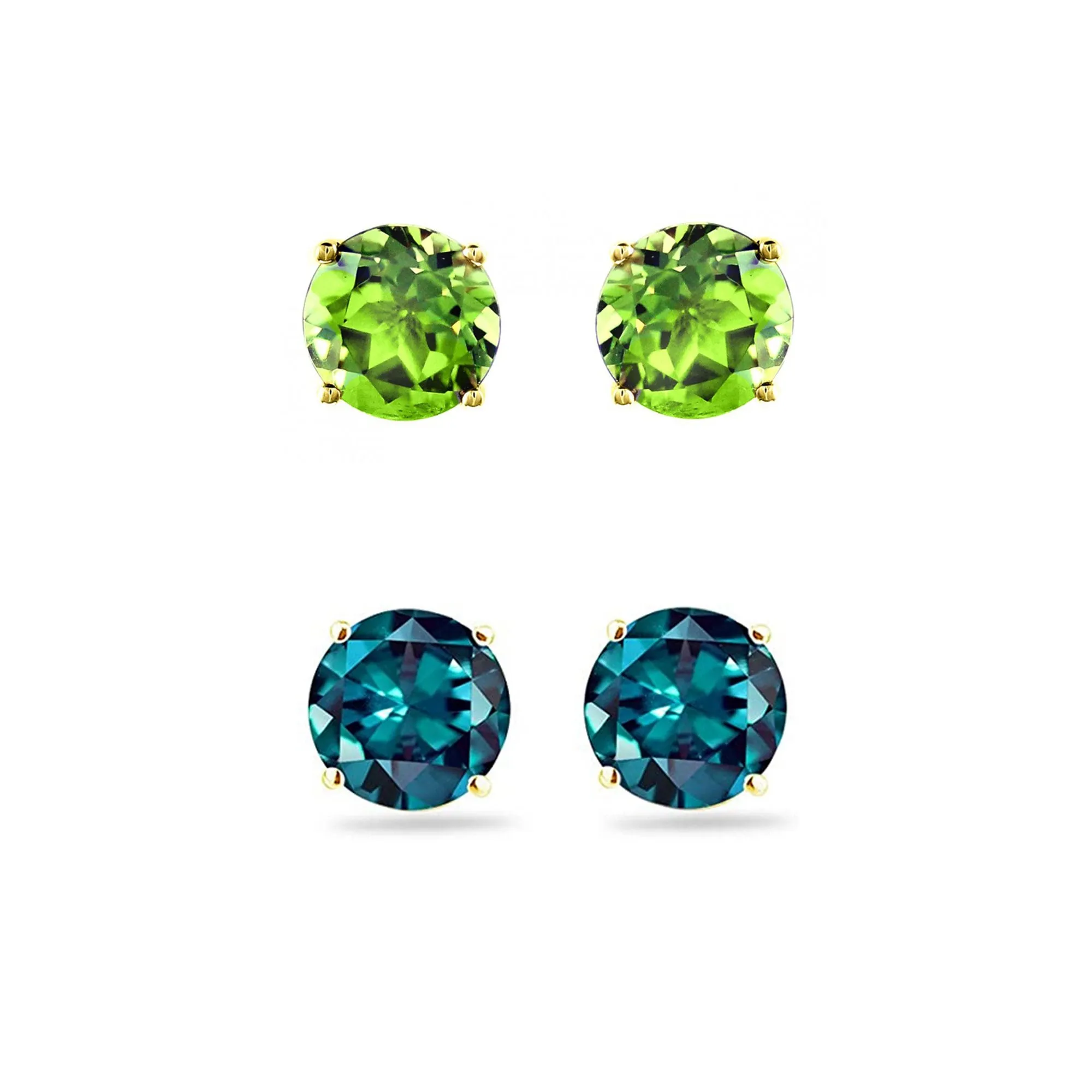 18k Yellow Gold Plated 1/2Ct Created Peridot and Alexandrite 2 Pair Round Stud Earrings