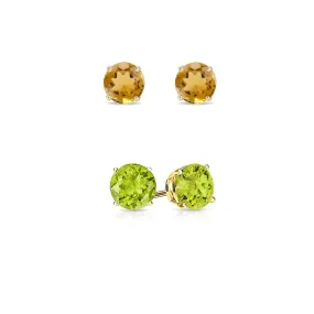 18k Yellow Gold Plated 2Ct Created Citrine and Peridot 2 Pair Round Stud Earrings