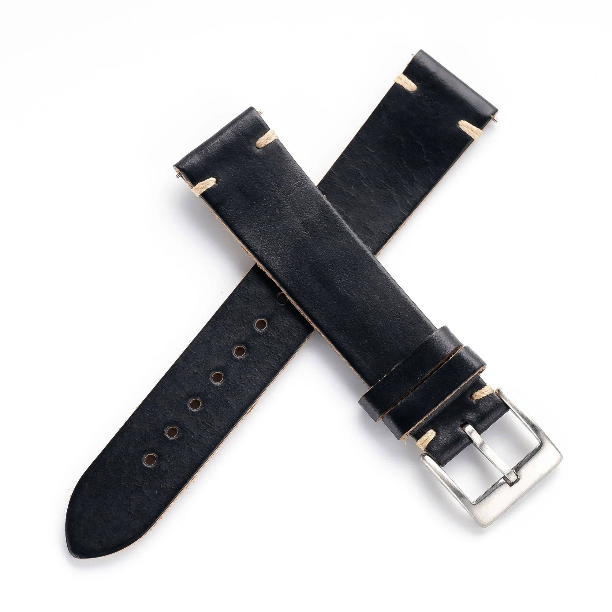 18mm 20mm 22mm Horween Chromexcel Quick Release Handmade Leather Watch Strap - Black