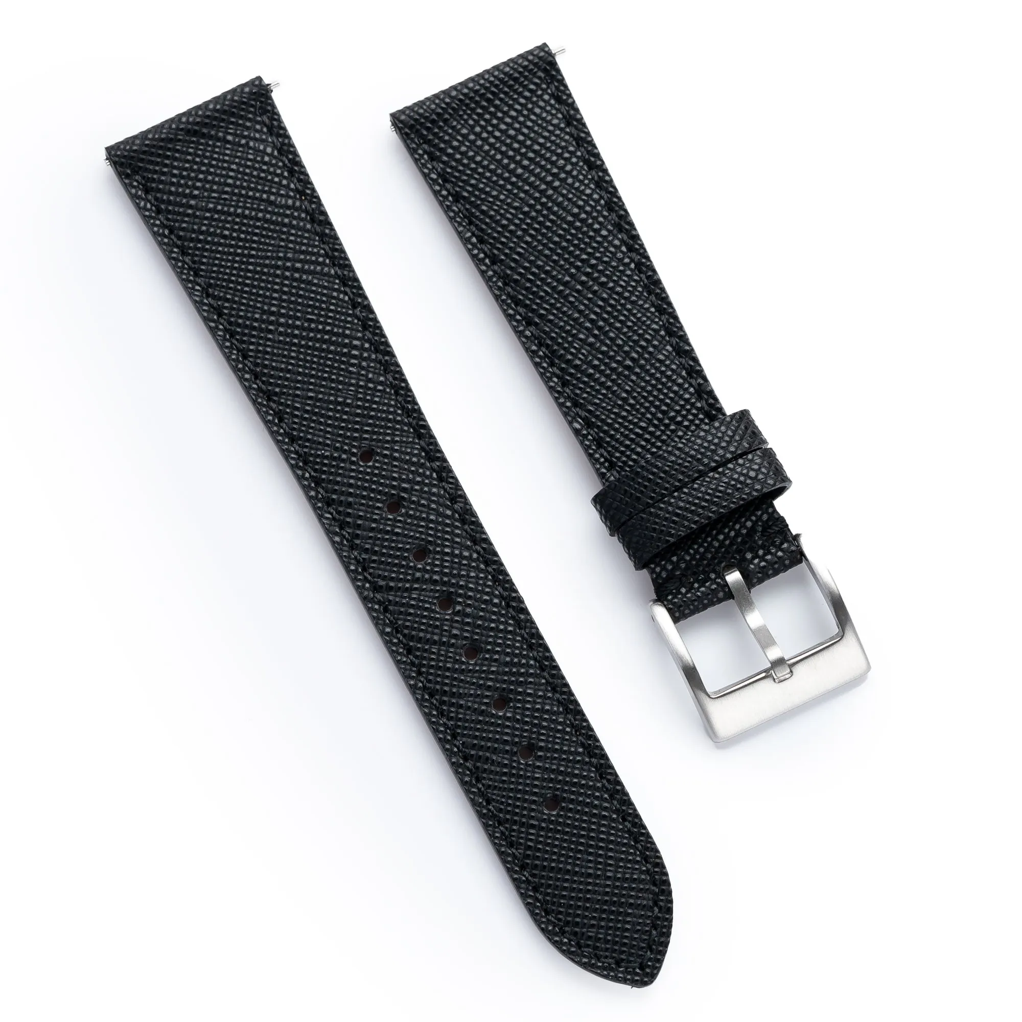 18mm 20mm 22mm Quick Release Tapered Saffiano Leather Watch Strap - Black