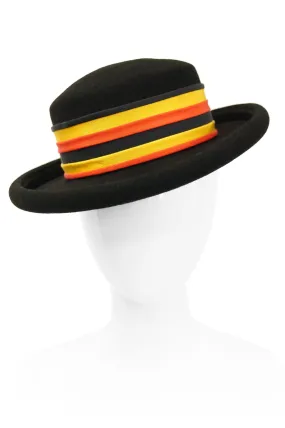 1980s Adolfo Black Felt Hat with Yellow and Orange Ribbon