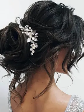 1pc Silver-Tone Leaf & Pearl Bridal Hairpin Boho