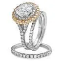 2 Carat Round CZ Double Halo Pave Engagement Ring and Bands Two Tone Gold