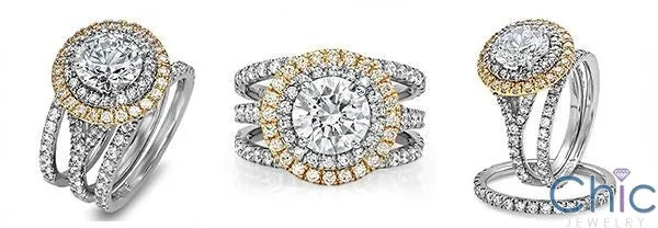 2 Carat Round CZ Double Halo Pave Engagement Ring and Bands Two Tone Gold