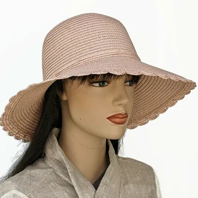 214 Pretty straw travel hat with scalloped edge, wide brim, three colours