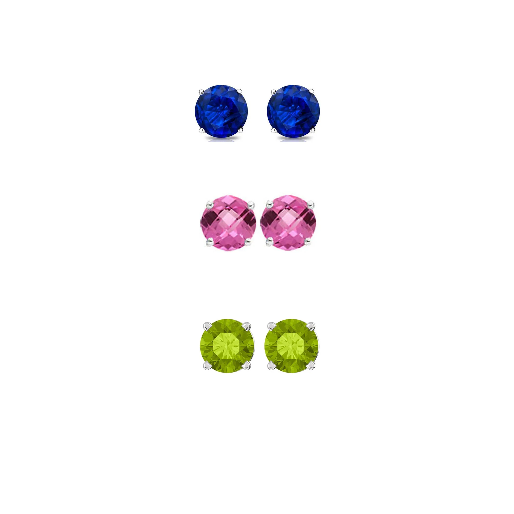 24k White Gold Plated 3Ct Created Blue Sapphire, Pink Sapphire and Peridot 3 Pair Round Stud Earrings