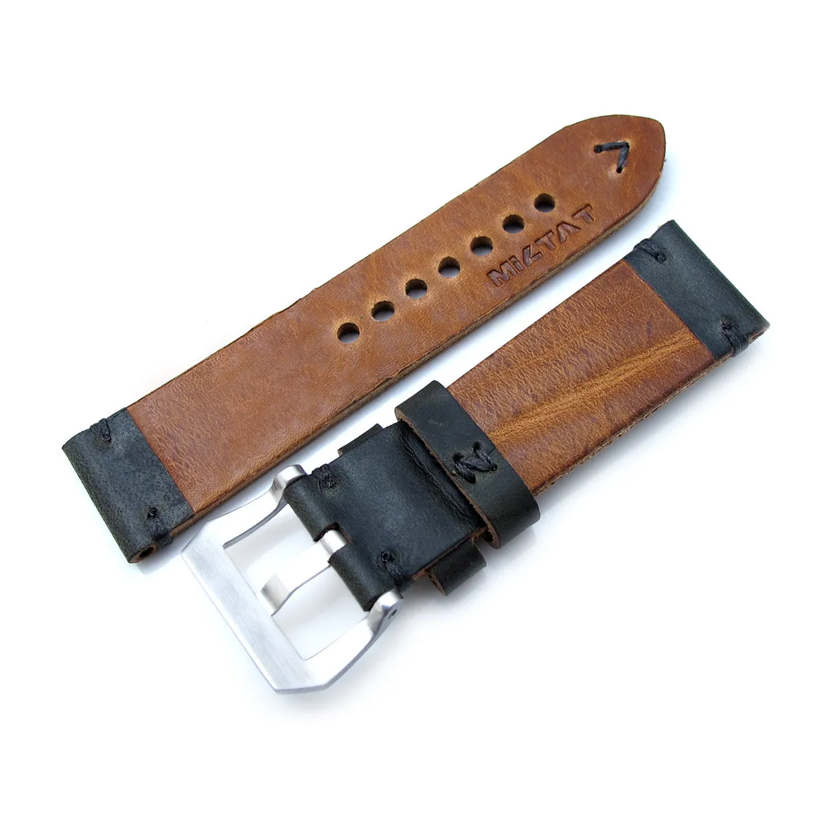 24mm MiLTAT Horween Chromexcel Watch Strap, Blackish Green, Grey Stitching