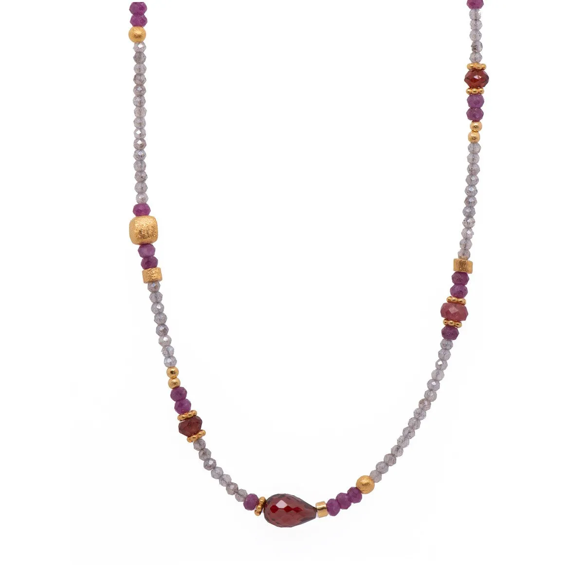 2mm Labradorite, Garnet, Ruby, Pink Tourmaline 24K Gold Vermeil Necklace