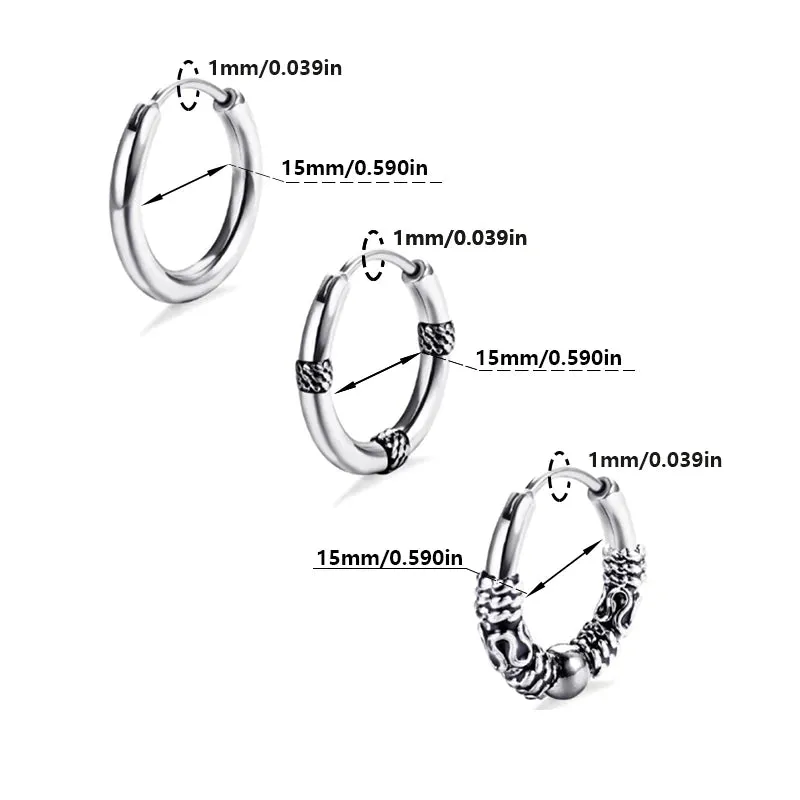 3 pairs of punk stainless steel men's earrings with a sleek plain loop light luxury surround design of vintage hoop earrings