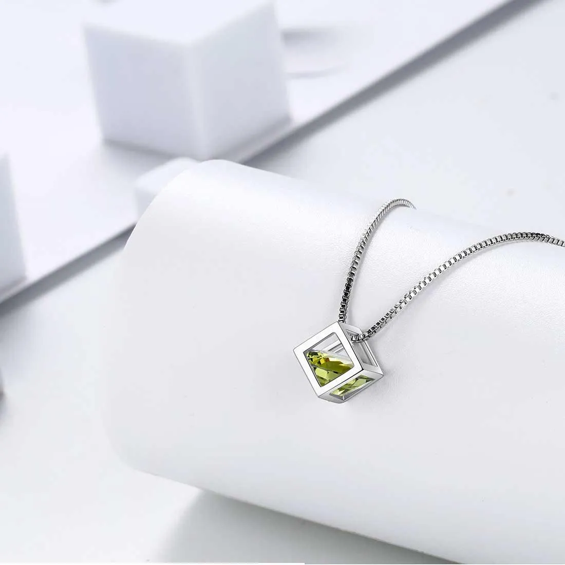 3D Cube Birthstone August Peridot Necklace Pendant Women Girls Jewelry Birthday Gift Sterling Silver