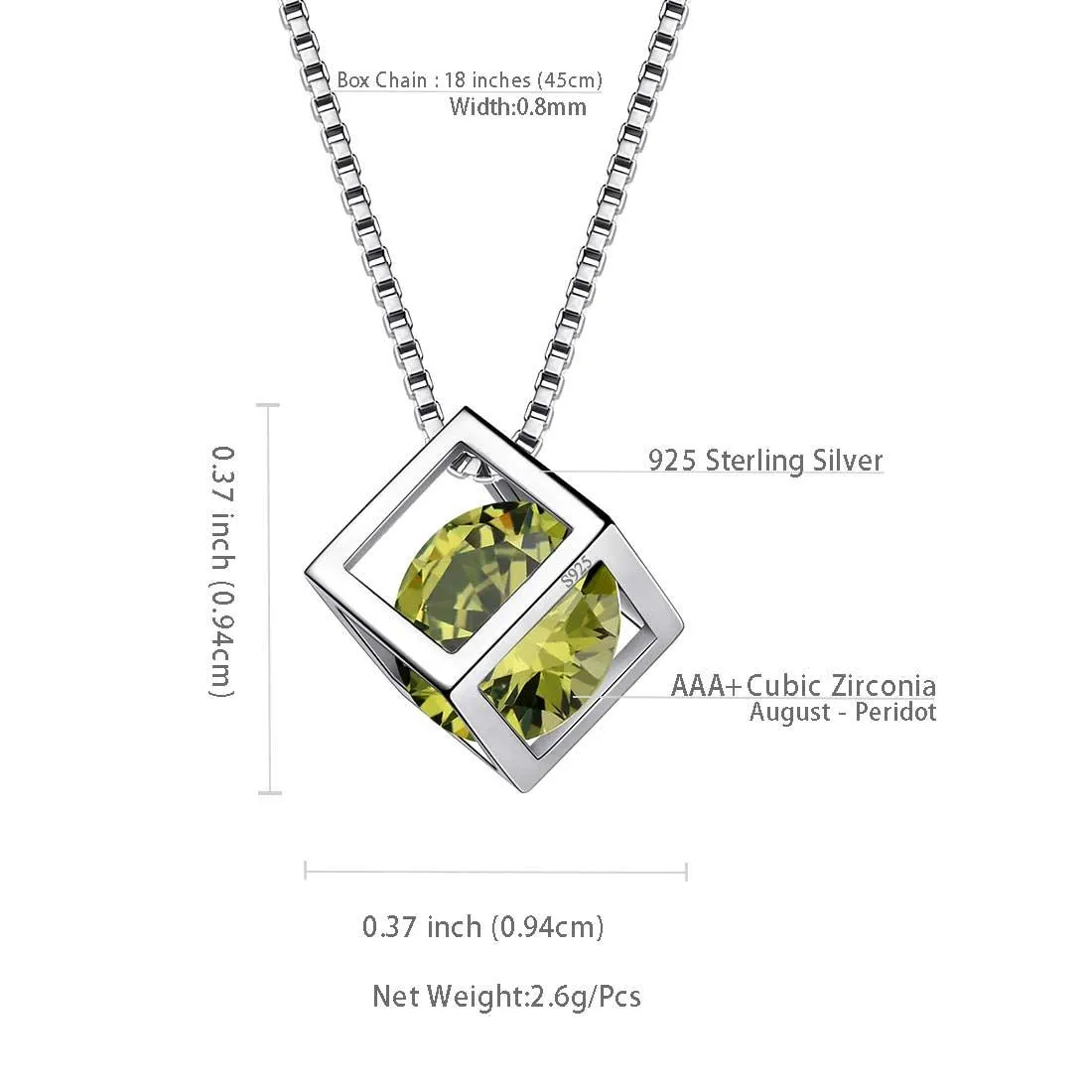 3D Cube Birthstone August Peridot Necklace Pendant Women Girls Jewelry Birthday Gift Sterling Silver