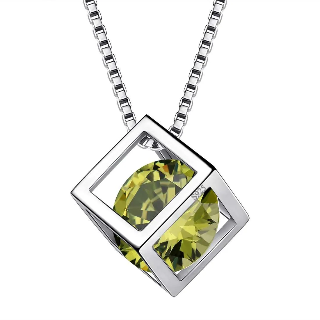 3D Cube Birthstone August Peridot Necklace Pendant Women Girls Jewelry Birthday Gift Sterling Silver