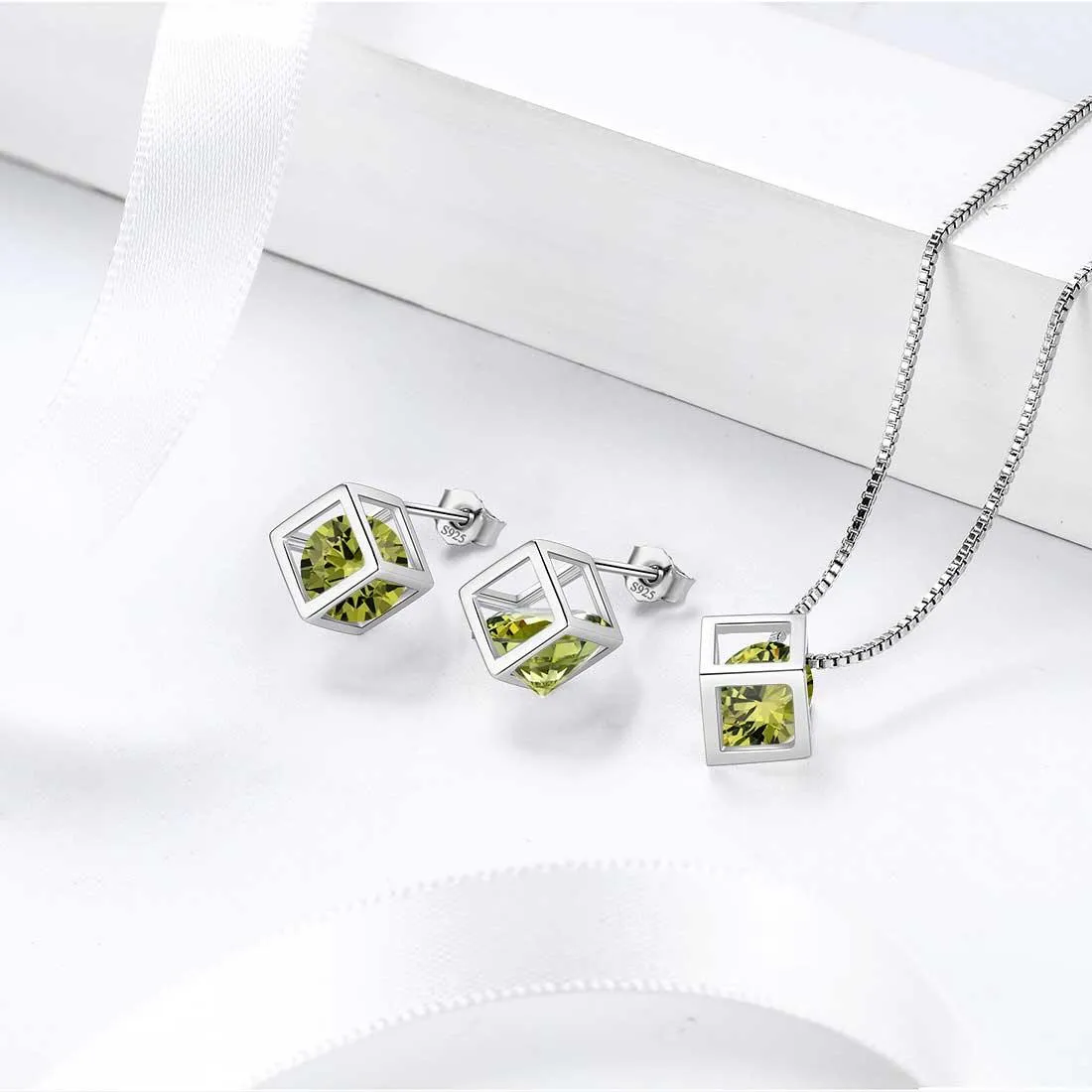 3D Cube Birthstone August Peridot Necklace Pendant Women Girls Jewelry Birthday Gift Sterling Silver