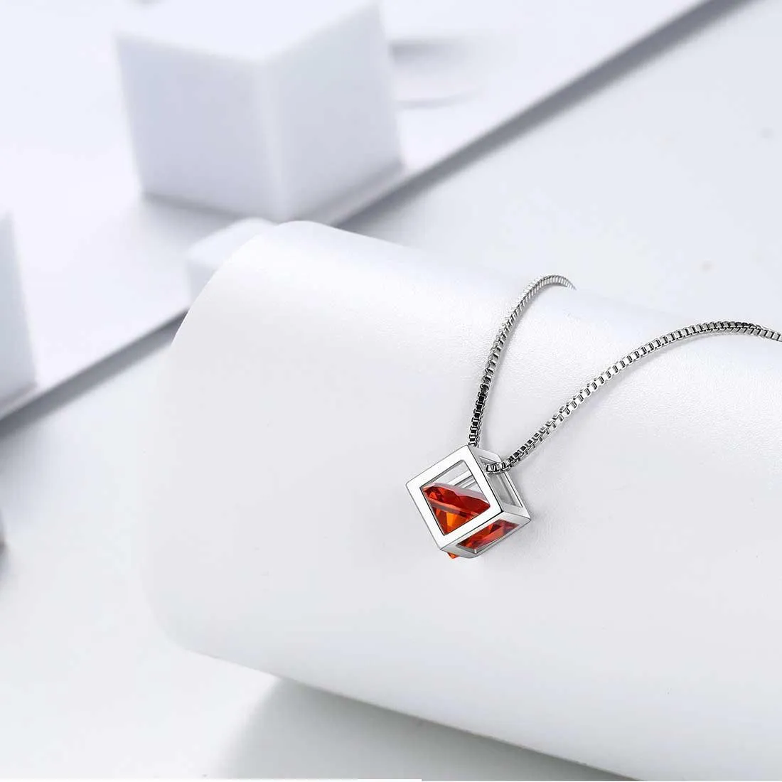 3D Cube Birthstone January Garnet Necklace Pendant Women Girls Jewelry Birthday Gift Sterling Silver