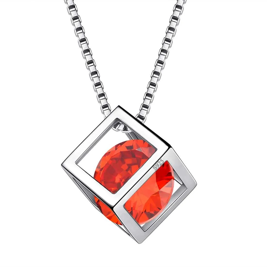 3D Cube Birthstone January Garnet Necklace Pendant Women Girls Jewelry Birthday Gift Sterling Silver