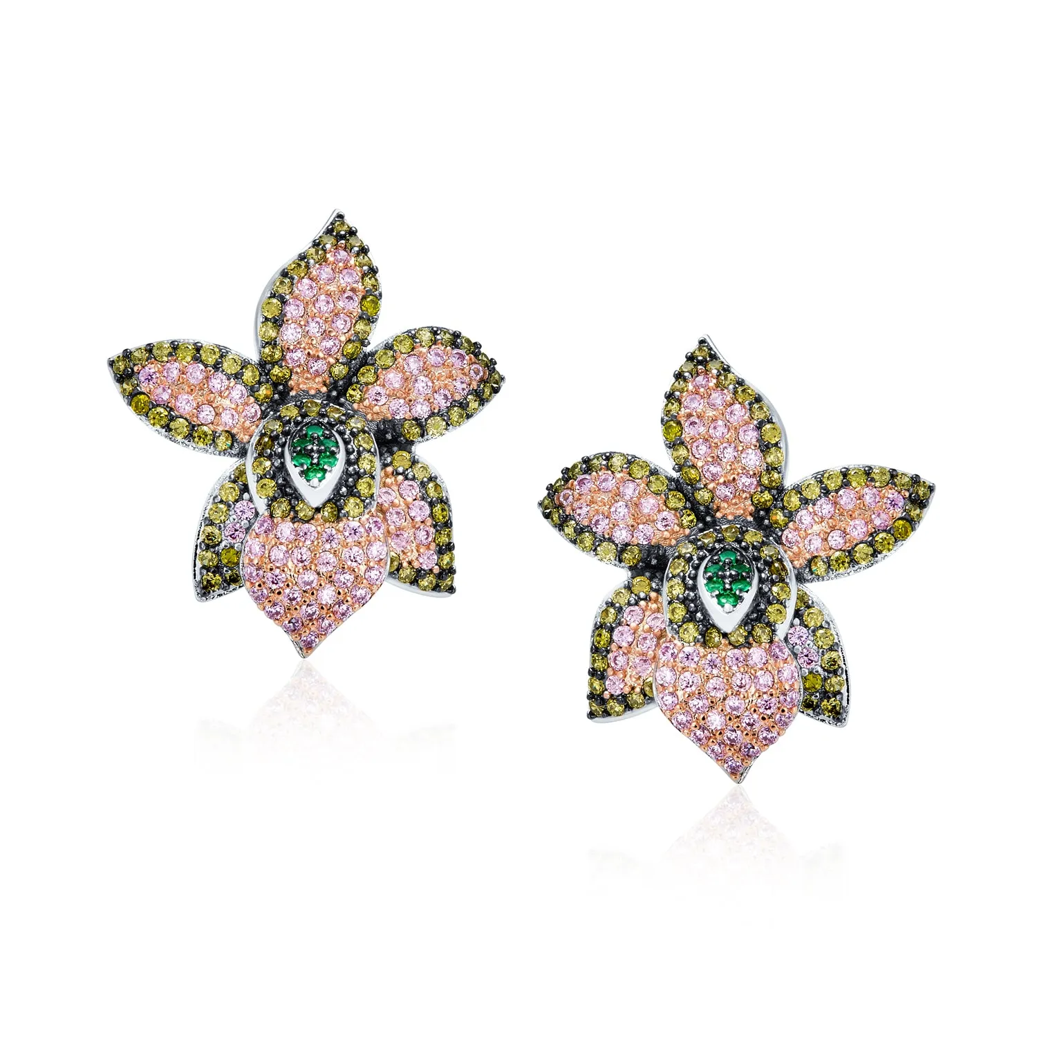 3D Pink Orchid Flower Shaped Pave CZ Stud Earrings Silver Plated