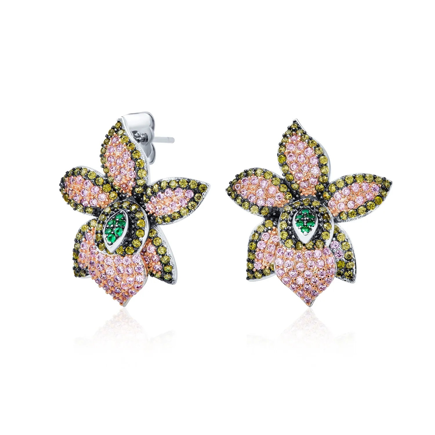 3D Pink Orchid Flower Shaped Pave CZ Stud Earrings Silver Plated