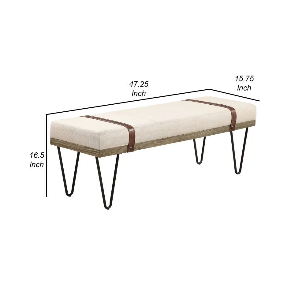 47 Inch Accent Bench, Faux Leather Straps, Black Hairpin Legs, Beige Fabric By Casagear Home