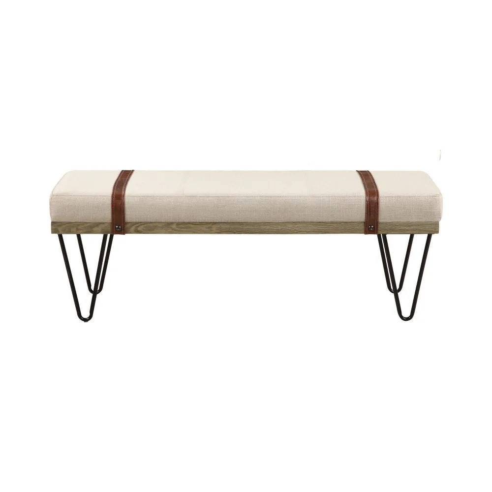 47 Inch Accent Bench, Faux Leather Straps, Black Hairpin Legs, Beige Fabric By Casagear Home