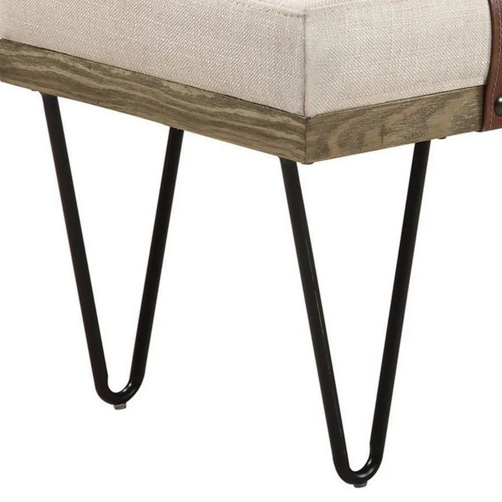 47 Inch Accent Bench, Faux Leather Straps, Black Hairpin Legs, Beige Fabric By Casagear Home