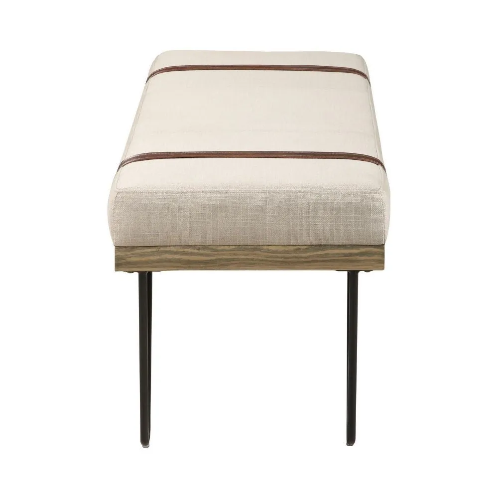 47 Inch Accent Bench, Faux Leather Straps, Black Hairpin Legs, Beige Fabric By Casagear Home