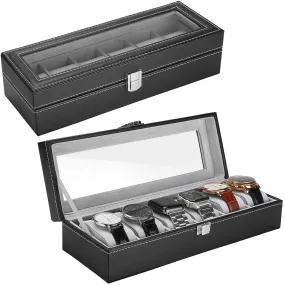 6 Slots PU Leather Watch Box with Crystal Glass Lid | ProCase