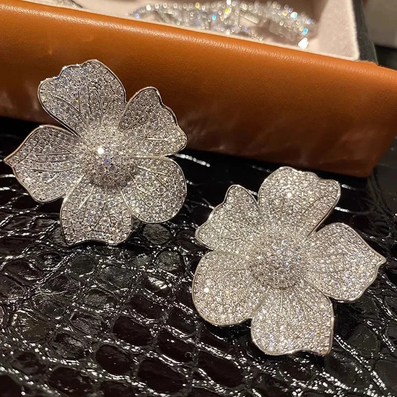 Aesthetic Big Flower Cubic Zirconia Design Earrings for Women