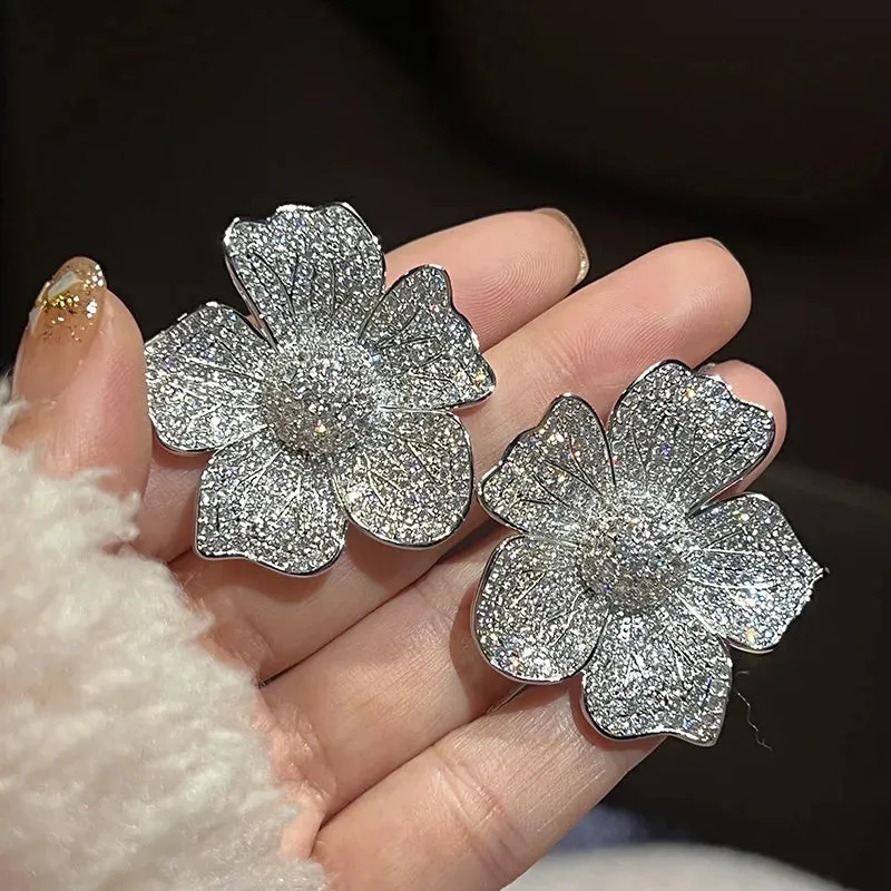 Aesthetic Big Flower Cubic Zirconia Design Earrings for Women