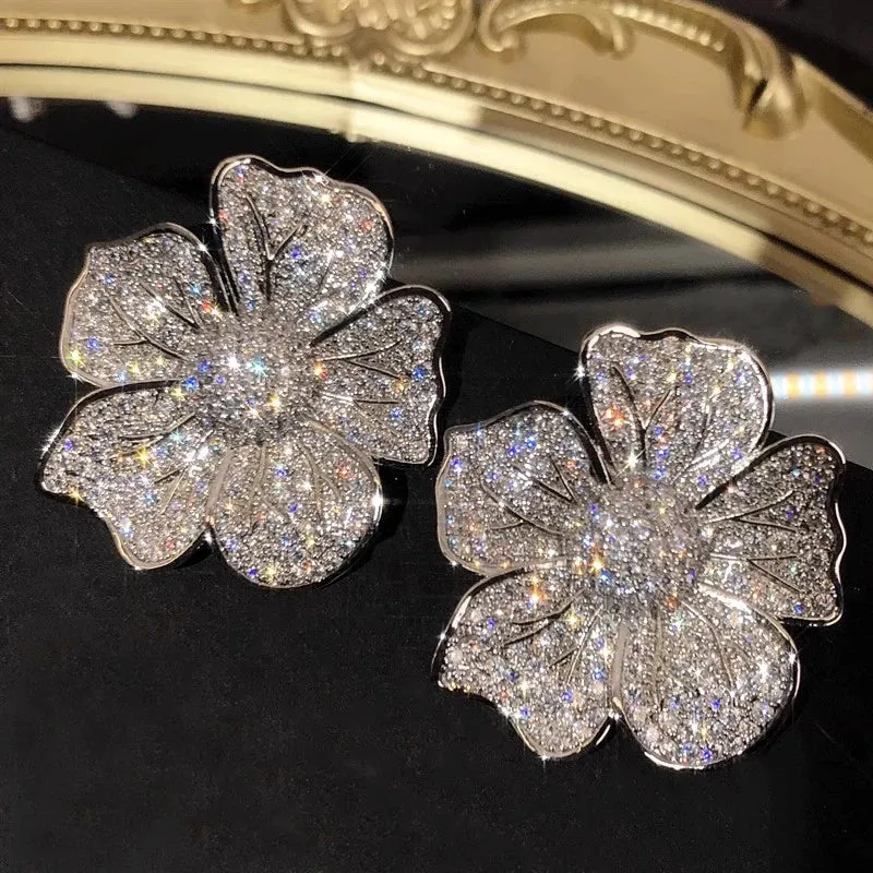 Aesthetic Big Flower Cubic Zirconia Design Earrings for Women