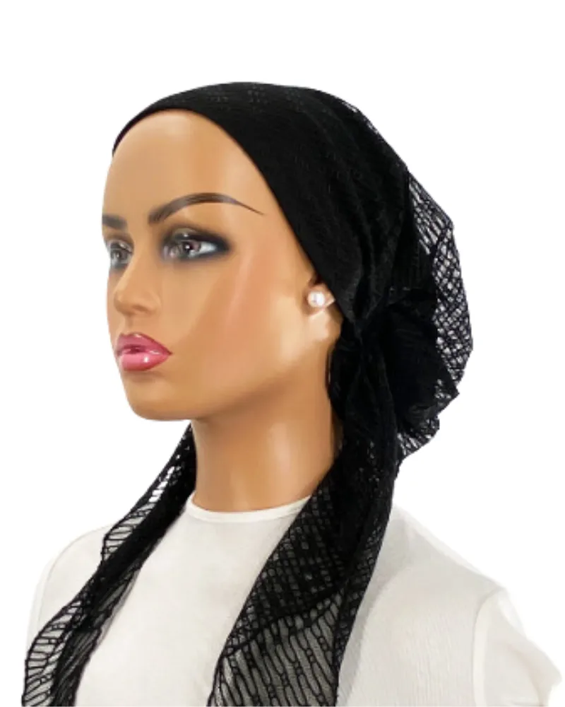 Ahead Black Hairpin Lace Israeli Style Long Tails Pre-Tied Bandanna