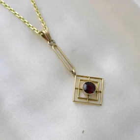 Antique 14K Gold Garnet Lavalier Pendant Necklace