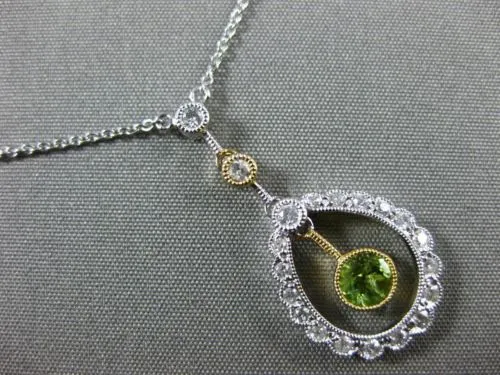 ANTIQUE .43CT DIAMOND & AAA PERIDOT 14K WHITE GOLD 3D MILGRAIN FLOATING NECKLACE