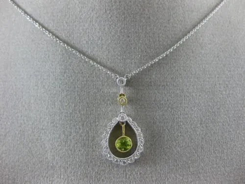 ANTIQUE .43CT DIAMOND & AAA PERIDOT 14K WHITE GOLD 3D MILGRAIN FLOATING NECKLACE