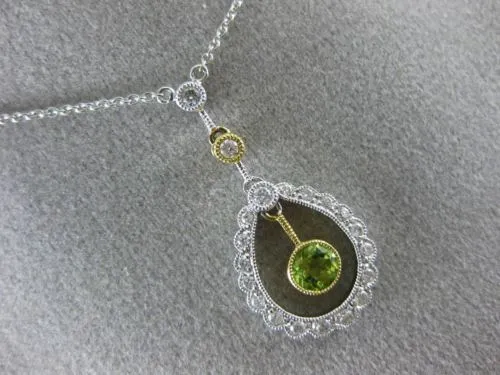 ANTIQUE .43CT DIAMOND & AAA PERIDOT 14K WHITE GOLD 3D MILGRAIN FLOATING NECKLACE