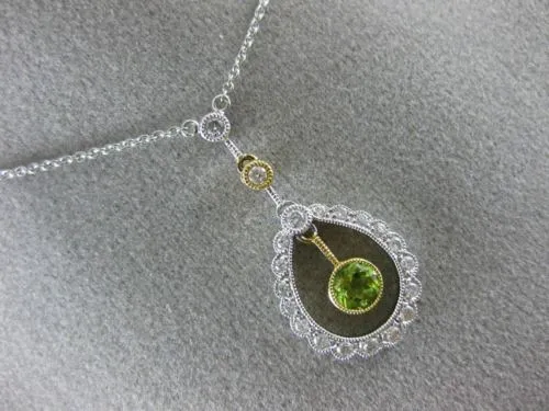 ANTIQUE .43CT DIAMOND & AAA PERIDOT 14K WHITE GOLD 3D MILGRAIN FLOATING NECKLACE