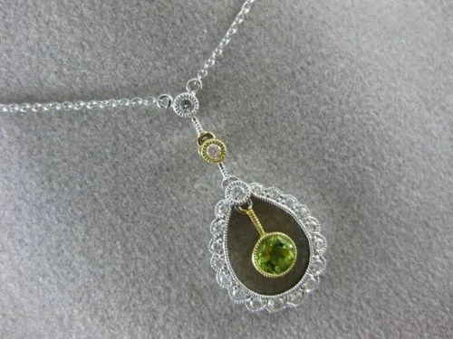 ANTIQUE .43CT DIAMOND & AAA PERIDOT 14K WHITE GOLD 3D MILGRAIN FLOATING NECKLACE