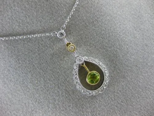 ANTIQUE .43CT DIAMOND & AAA PERIDOT 14K WHITE GOLD 3D MILGRAIN FLOATING NECKLACE