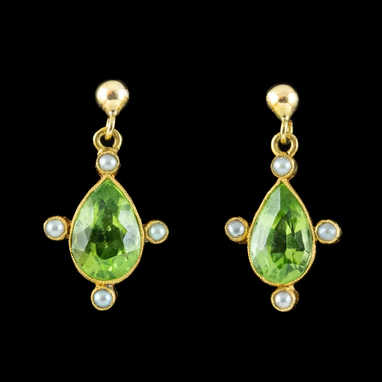 Antique Edwardian Peridot Pearl Drop Earrings 9ct Gold