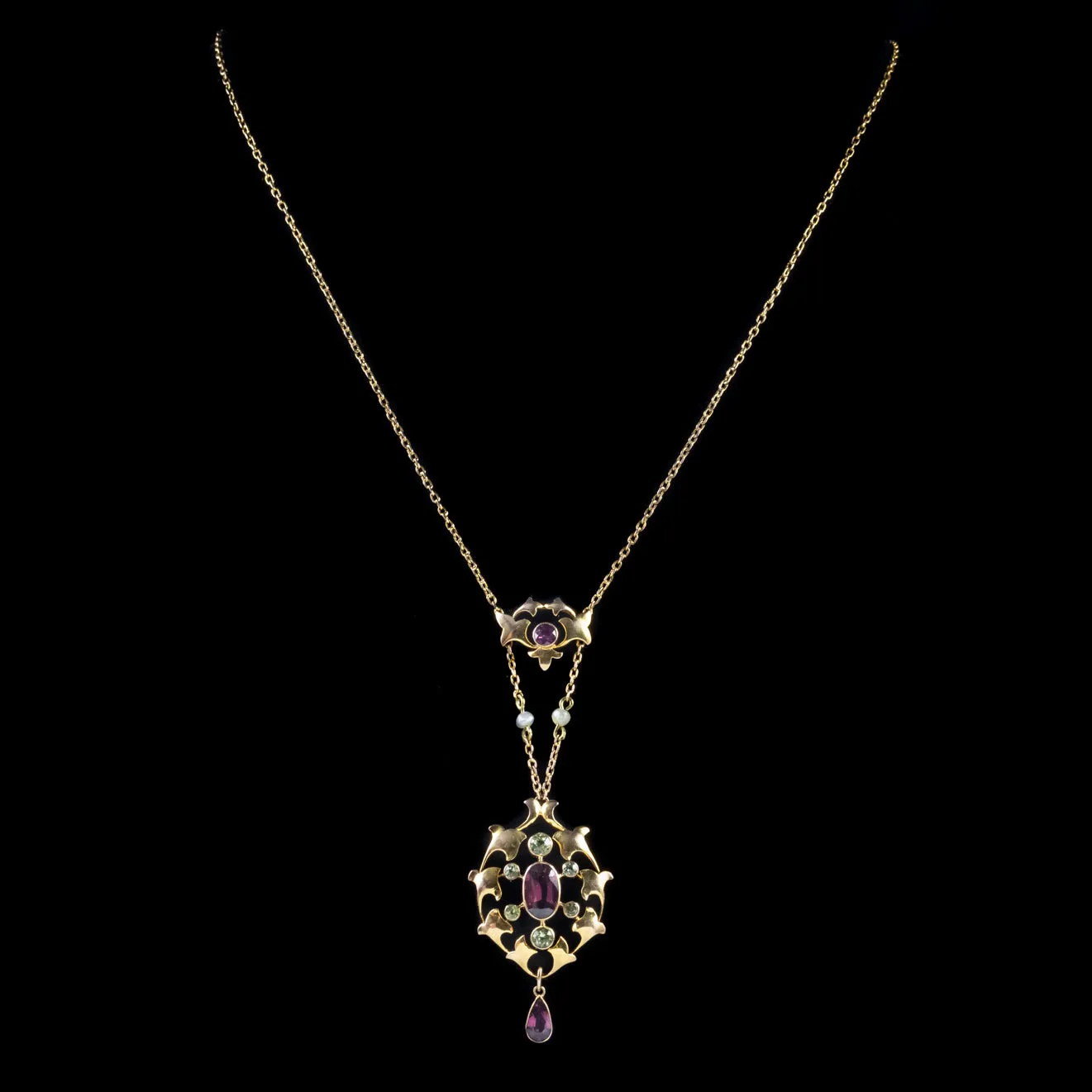 Antique Edwardian Suffragette Pendant Necklace Garnet 15Ct Gold Circa 1910