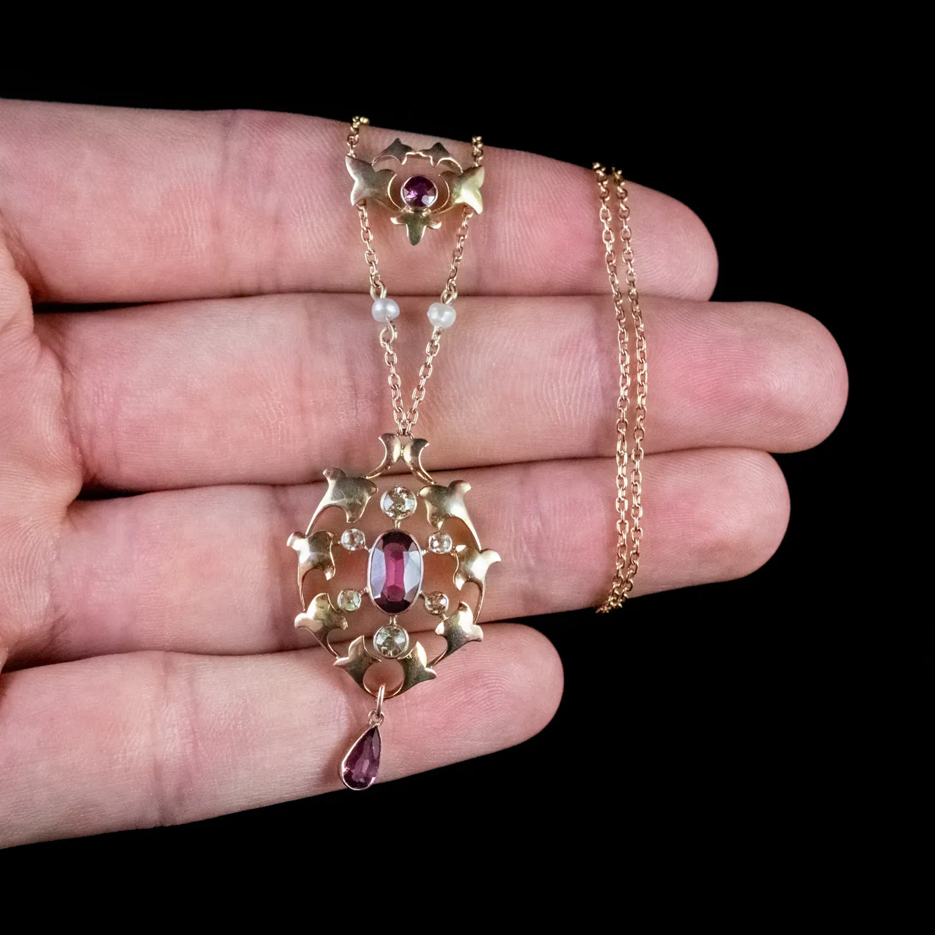 Antique Edwardian Suffragette Pendant Necklace Garnet 15Ct Gold Circa 1910