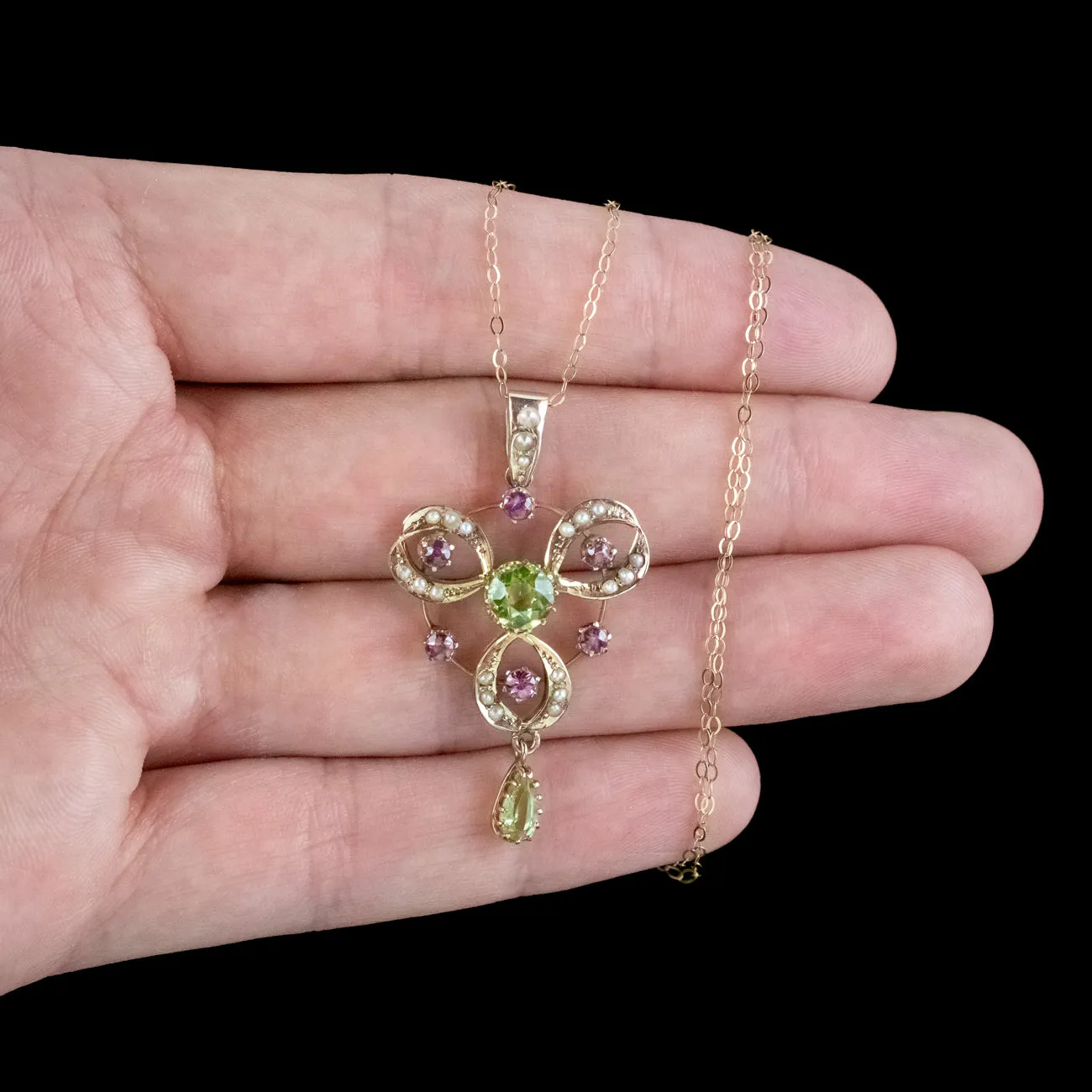 Antique Edwardian Suffragette Pendant Necklace Garnet Peridot Pearl Dated 1908