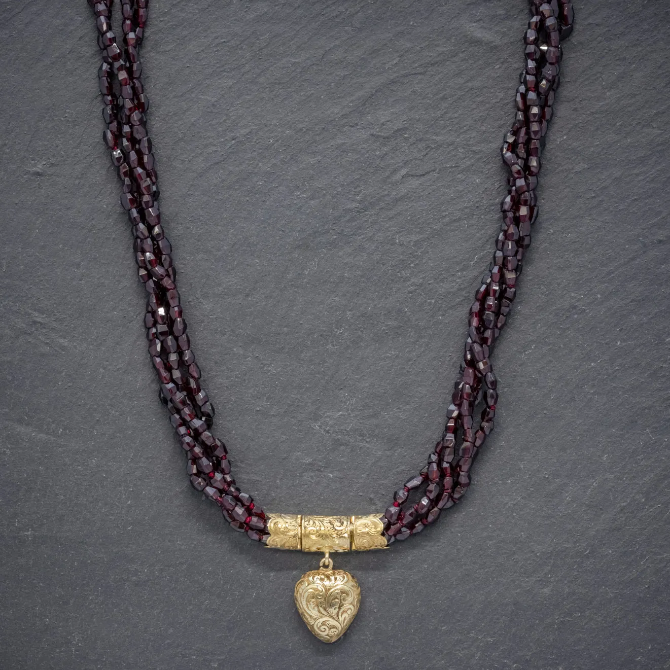 Antique Georgian Garnet Necklace 18Ct Gold Heart Locket Circa 1800