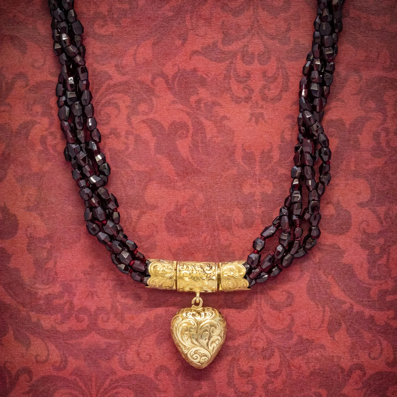 Antique Georgian Garnet Necklace 18Ct Gold Heart Locket Circa 1800