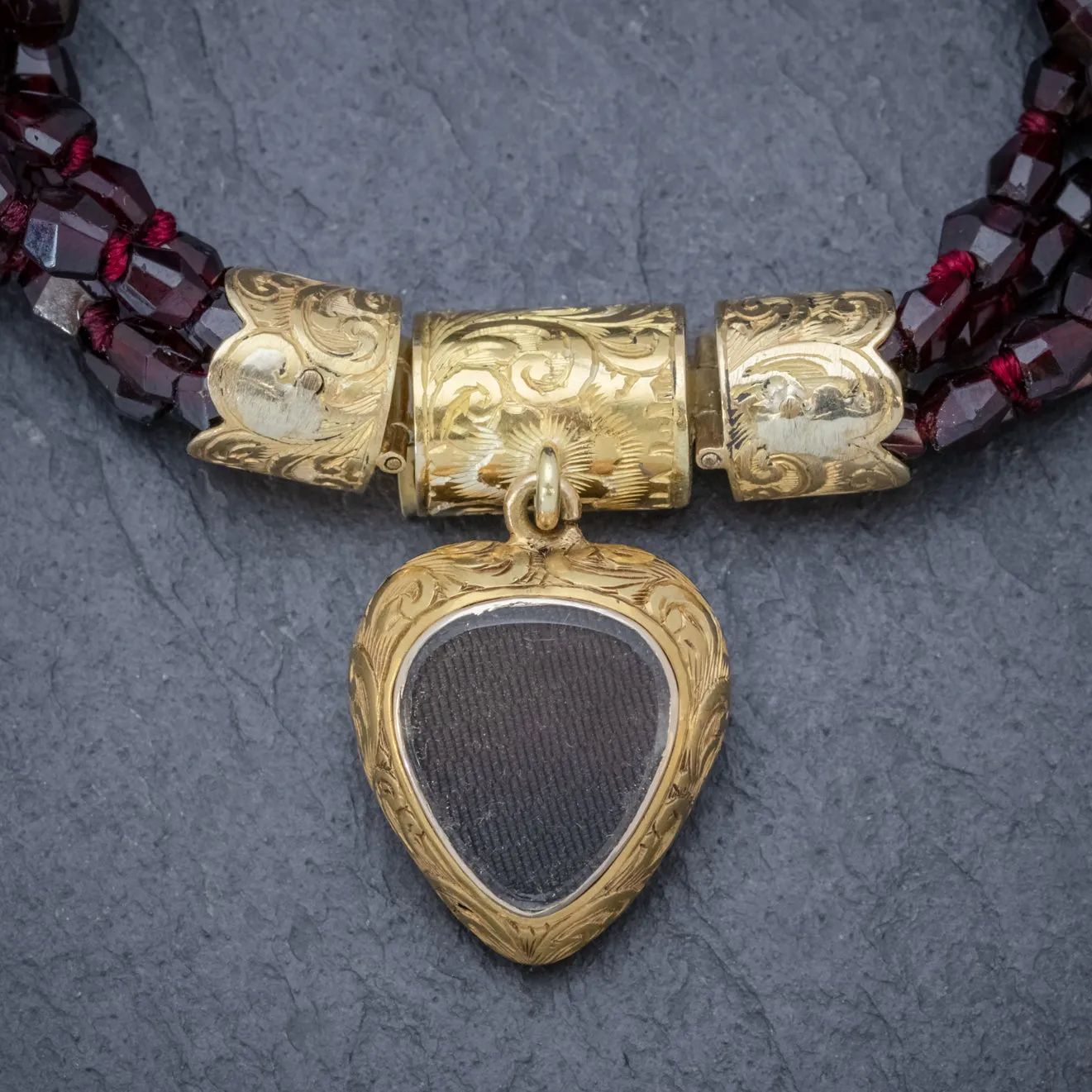 Antique Georgian Garnet Necklace 18Ct Gold Heart Locket Circa 1800