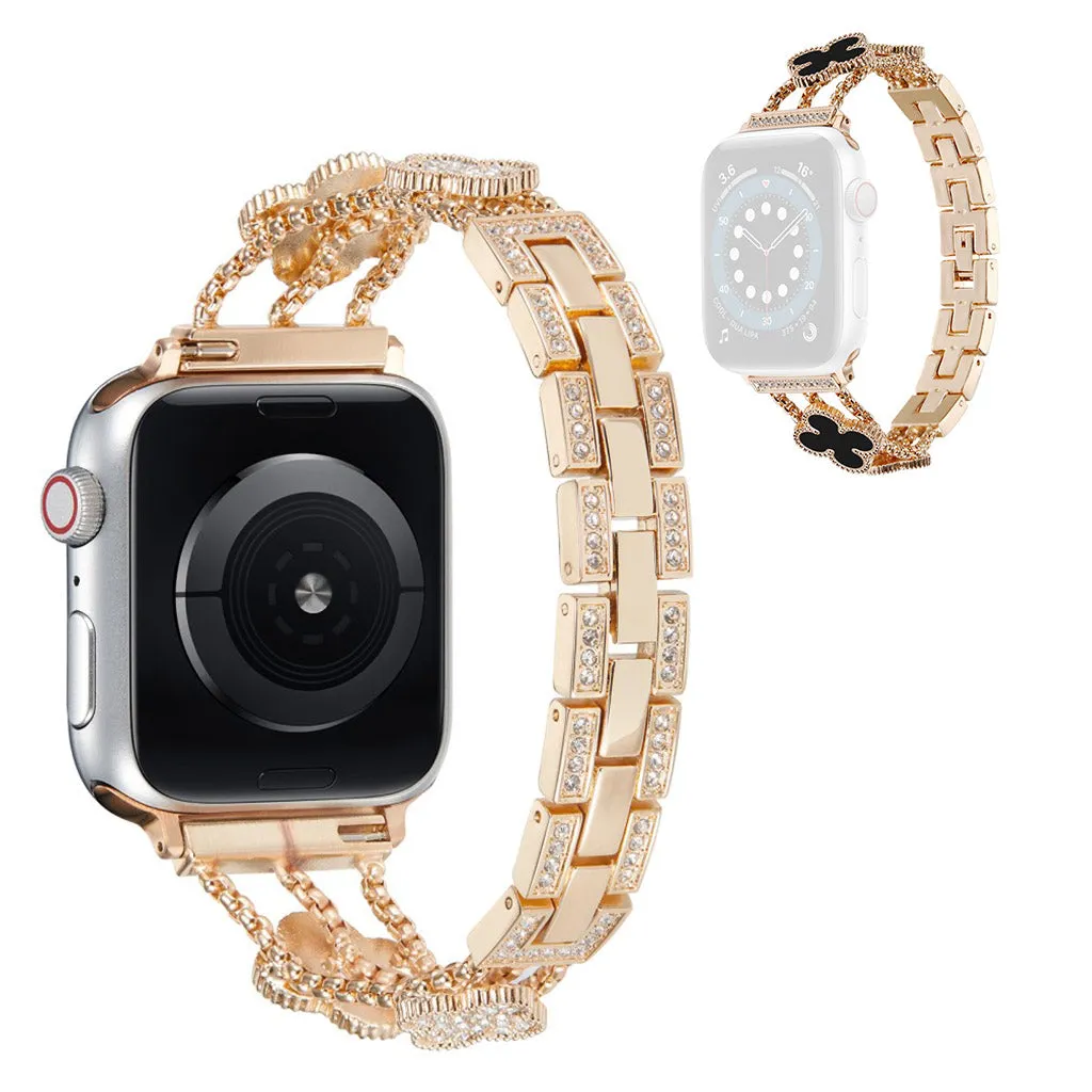 Apple Watch 42mm - 44mm flower décor rhinestone watch strap - Rose Gold / Black