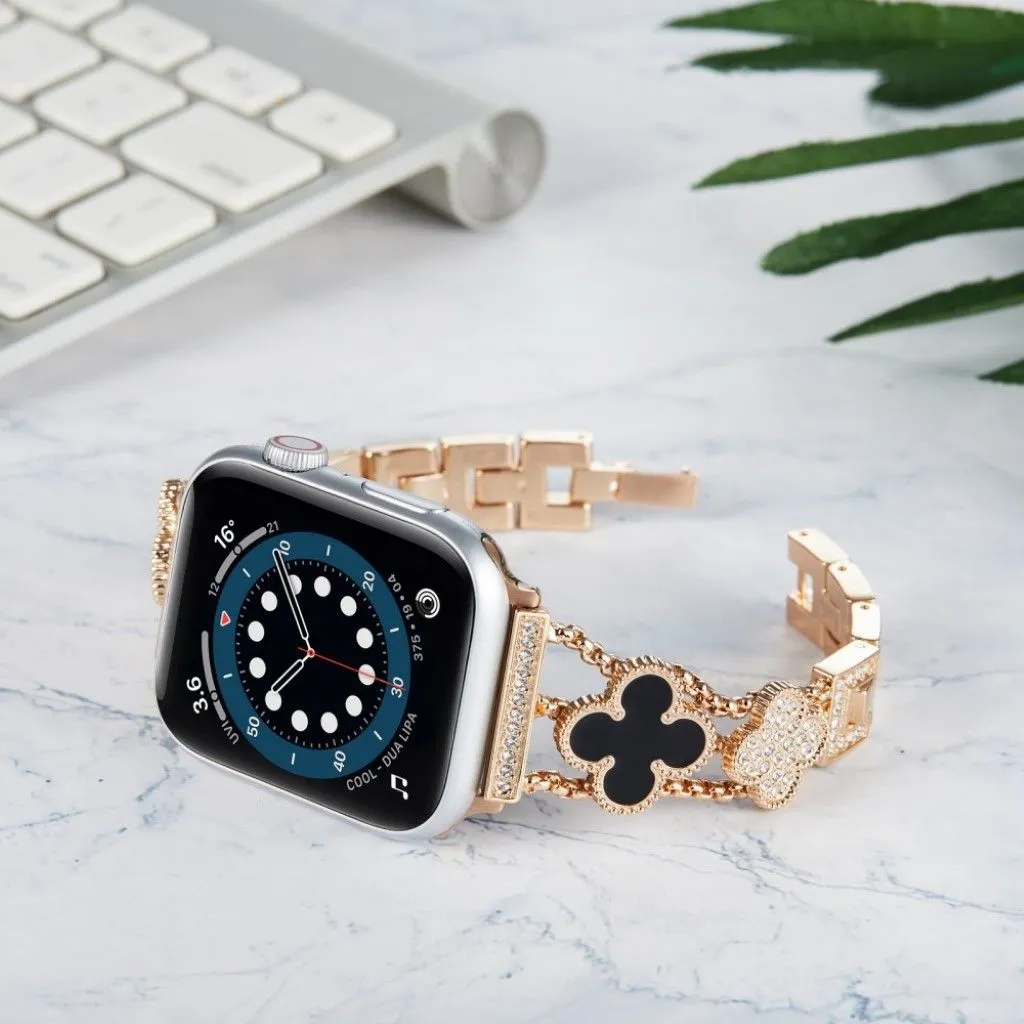 Apple Watch 42mm - 44mm flower décor rhinestone watch strap - Rose Gold / Black