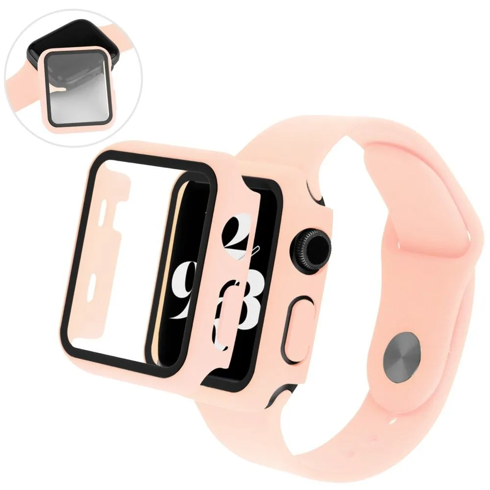 Apple Watch (45mm) cover with tempered glass   silicone watch strap - Light Pink