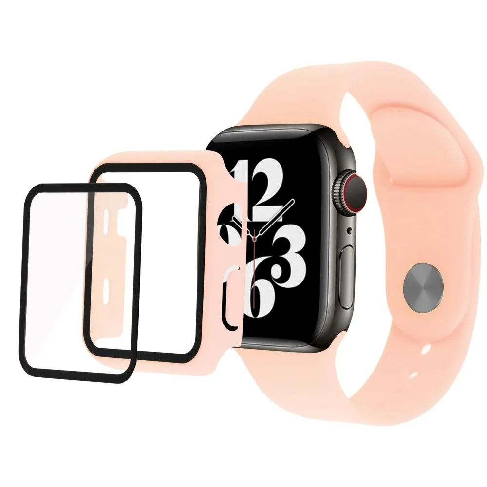 Apple Watch (45mm) cover with tempered glass   silicone watch strap - Light Pink